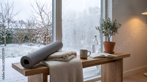 Cozy Winter Morning Wellness Setup with Yoga Mat, Blanket, Tea and Journal by Snowy Window