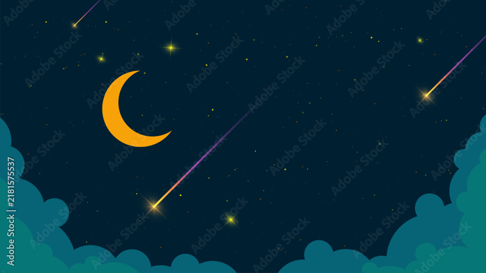 Naklejka premium Night sky background with crescent moon and shooting stars