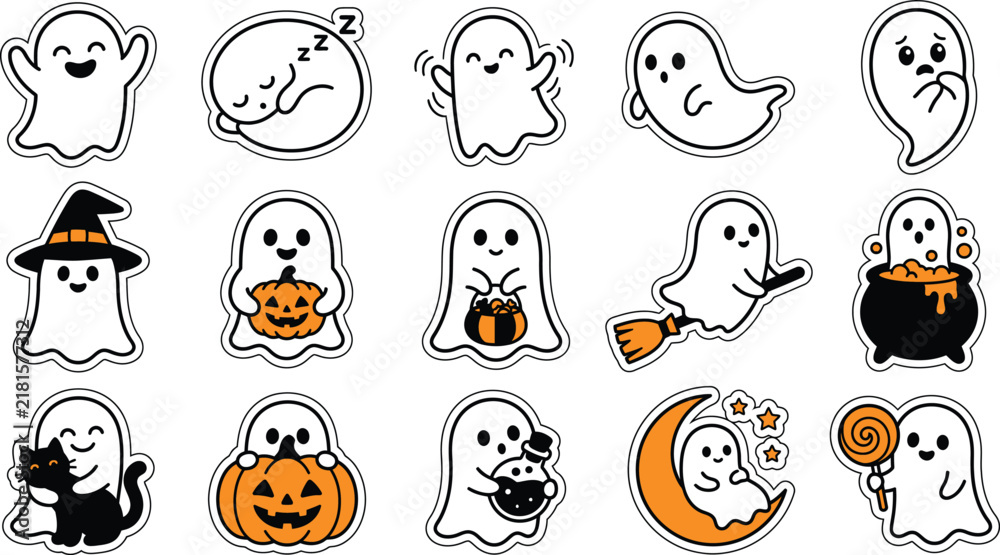 Fototapeta premium Set of cute ghost stickers for halloween featuring various spooky characters and festive autumn holiday elements