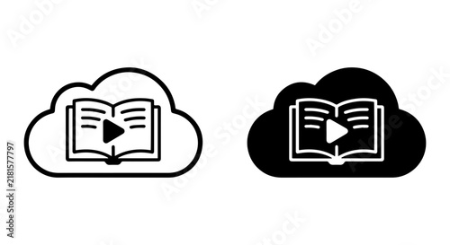 Cloud E-learning Icons: Open Book Video Play Button, Digital Education Symbols