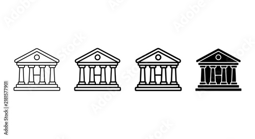Classic Bank Building Icons, Financial Institution Symbols, Government Architecture Vector Set