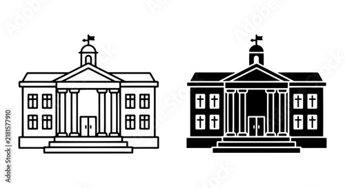 Classic Government Building Icons, Official Architecture Vector Set, Public Institution Facade Graphics