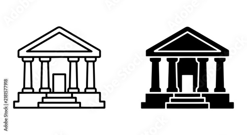 Classic Greek Temple Building Icons, Outline and Silhouette, Architectural Landmark Vector Set