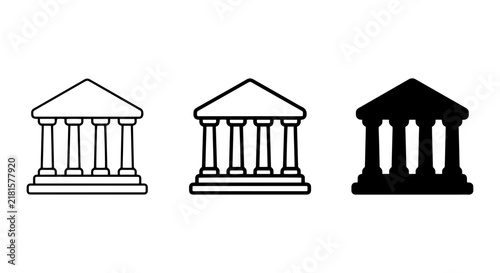 Classic Building Icons: Greek Temple, Courthouse, Government Facade, Vector Set