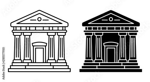 Classic Greek Temple Architecture Icons, Ancient Building Facade Vector Set