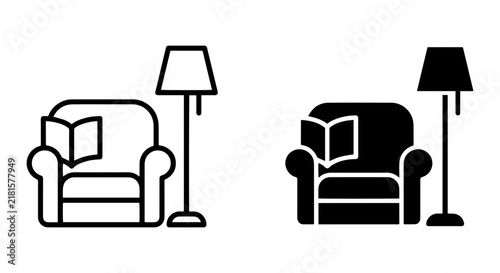 Cozy Armchair with Open Book and Floor Lamp, Minimalist Icon Set, Reading Comfort