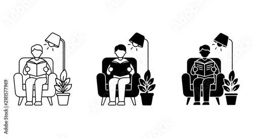 Reading Icons: Person Relaxing in Chair with Lamp and Plant, Vector Set