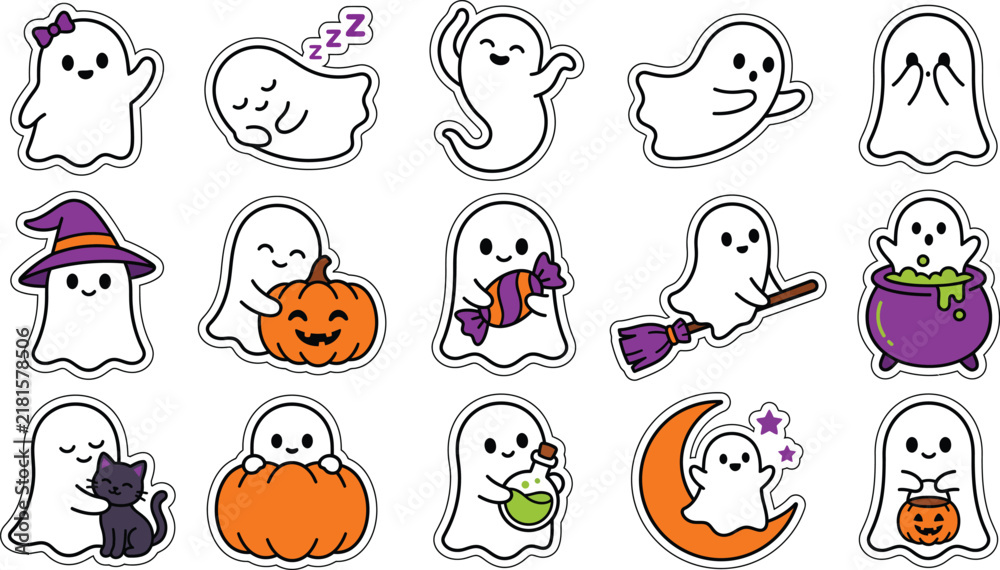 Fototapeta premium Set of cute cartoon ghost stickers for halloween celebration with pumpkins and festive holiday elements on white background