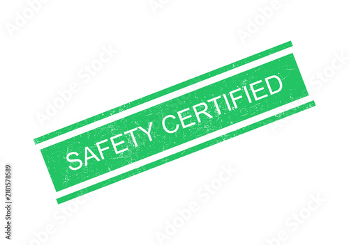 Safety certified green stamp with white text on transparent background