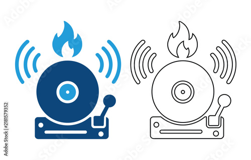 Fire alarm bell icon, emergency signal symbol, vector illustration of a ringing alarm bell with fire flame
