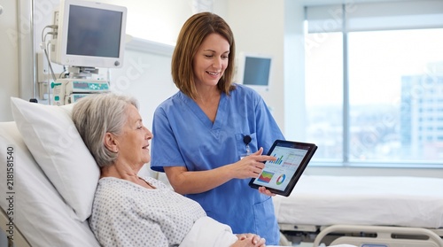 Female nurse showing medical records on digital tablet to senior patient lying in hospital bed