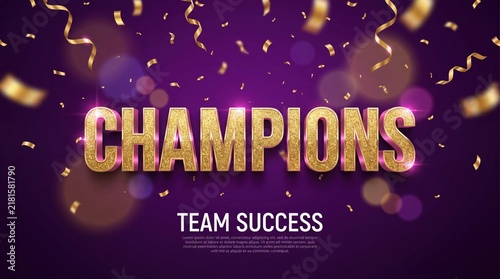 Champions gold glitter text with falling confetti on a purple background for team success.