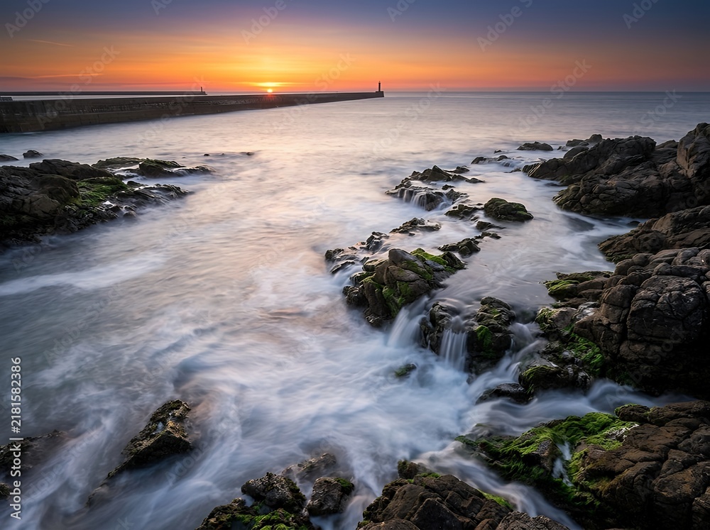 Fototapeta premium Sunset over rocky coast with jetty and waves
