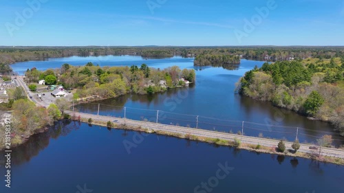 Norton Reservoir aerial view in spring in town of Norton, Bristol County, Massachusetts MA, USA. 