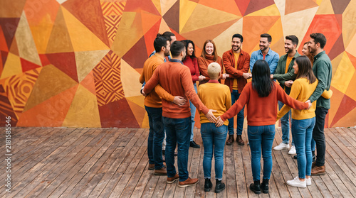 Diverse group of happy friends standing in a circle, holding hands, in front of a vibrant geometric mural, symbolizing unity and community.