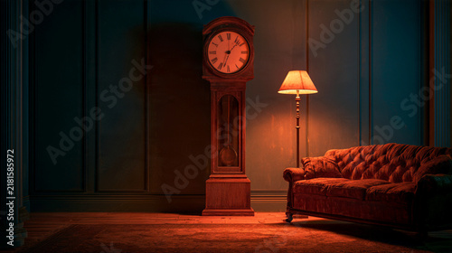 Antique grandfather clock and tufted sofa in a dimly lit vintage living room
