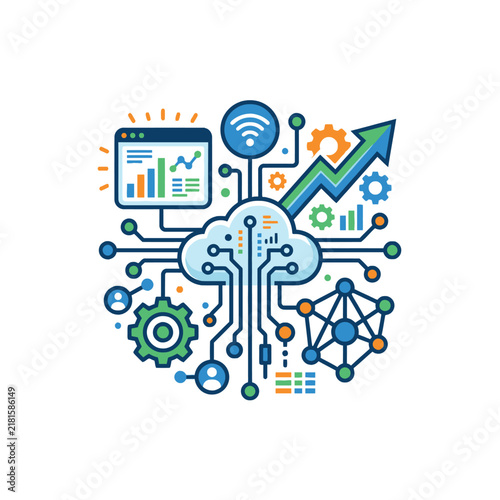 Flat design illustration of a cloud computing network with monitor gears users and analytics dashboard on white background