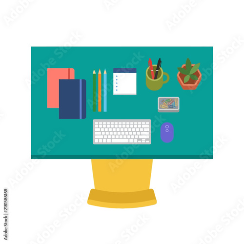 Flat design top view of office desk with keyboard and stationery