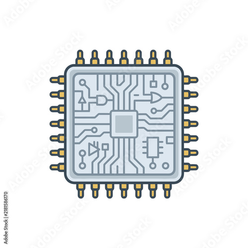 Flat illustration of a square microchip with golden pins showing an internal circuit pattern and central processor