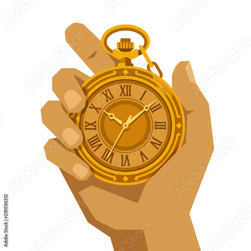 Gold antique pocket watch with Roman numerals held in hand flat cartoon vector illustration on white background
