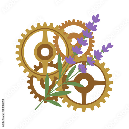 Golden brass interlocking gears layered with a delicate purple wildflower and green leafy branch