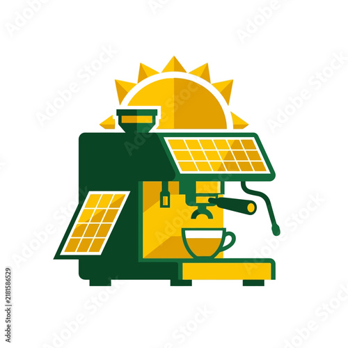 Green coffee machine powered by solar energy panels flat icon