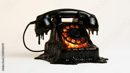 Retro rotary telephone melting into glossy black wax with orange glow