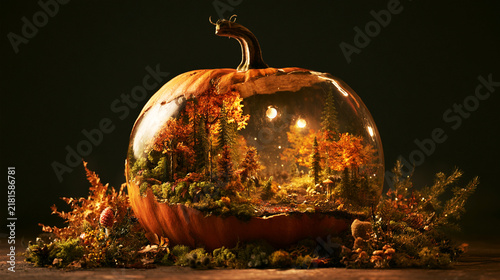 Enchanting miniature forest ecosystem contained within a glass pumpkin