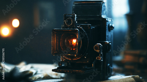 Vintage film camera with antique aesthetic and warm lighting