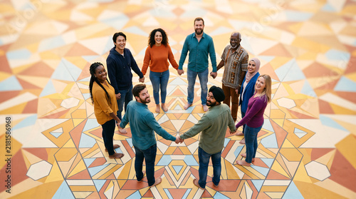 A diverse group of ten people holding hands in a circle on a patterned floor, symbolizing unity and community.