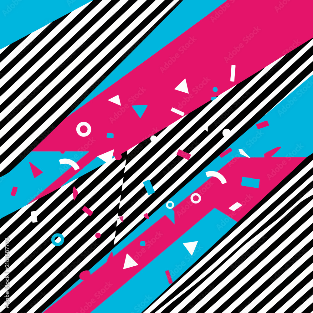 Obraz premium Abstract geometric pattern with diagonal stripes and confetti in pink, blue, and black and white.
