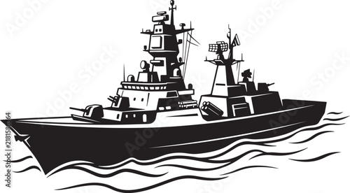 Fotografie Military naval warship sailing on ocean water in black and white illustration wi