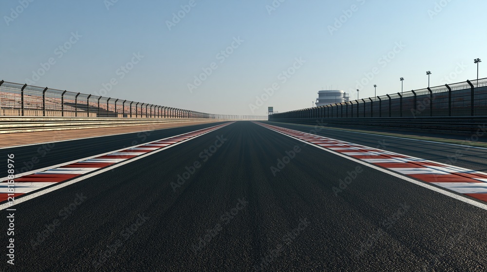 Fototapeta premium Empty straight asphalt motor racing circuit starting grid track with red and white edge markings leading towards control tower under clear sky