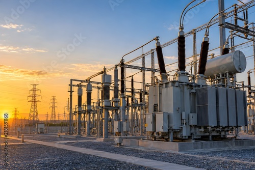 High Voltage Electrical Substation Power Transformer Electricity Transmission Power Grid Infrastructure Energy Distribution Equipment Utility Industrial Electrical Engineering Transmission Tower 