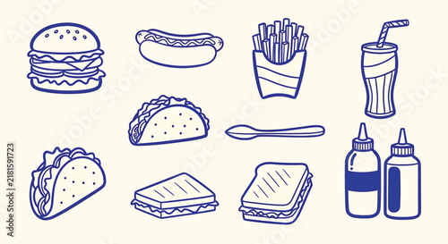 Retro fast food icon set, vintage blue line art junk food illustrations, 10 vector elements including burger, taco, and fries for restaurant menus