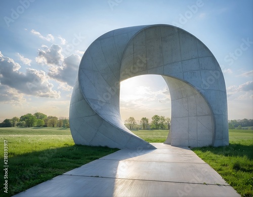 Modern concrete sculpture monument in green park
