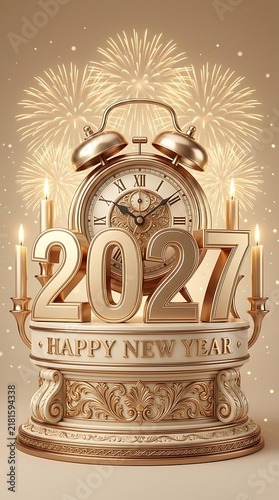 Happy New Year 2027 celebration with vintage alarm clock and golden fireworks background