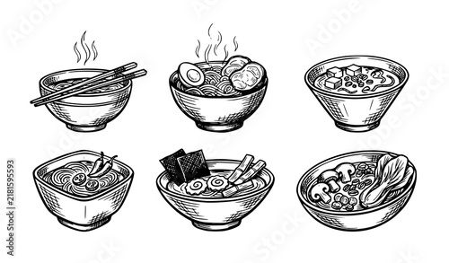 Hand drawn Asian ramen noodle soup bowls vector set with Japanese food sketch illustrations