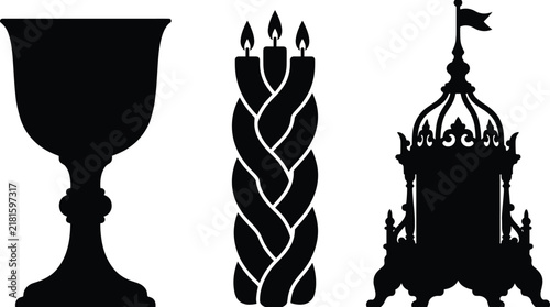 Traditional Jewish Havdalah ritual symbols silhouette vector graphic featuring a kiddush cup braided candle and spice box