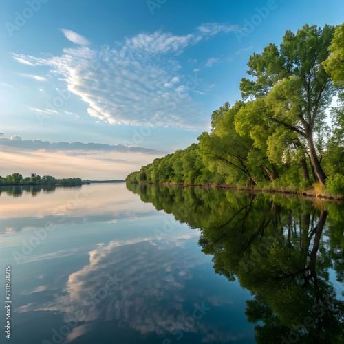 wide shot of water reflecting the green leafed tree