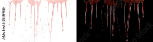 Photography Realistic dripping red liquid streaks flowing downward with hanging droplets for