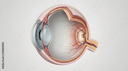 Detailed cross section diagram of human eyeball structure on clean studio light gray background.