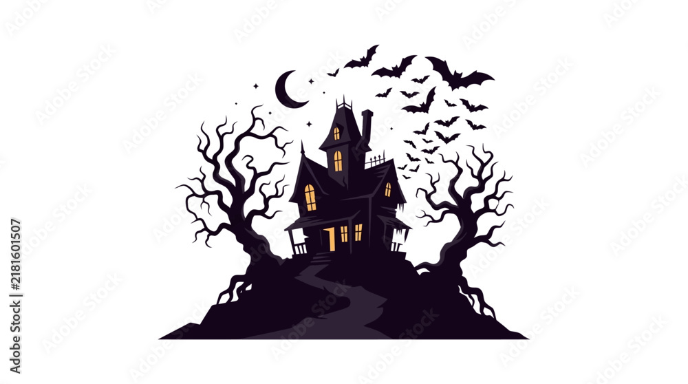 Fototapeta premium Flat vector illustration of a spooky haunted house on a hill with bats, dead trees, and a crescent moon under a starry night sky, isolated on a white background for Halloween.