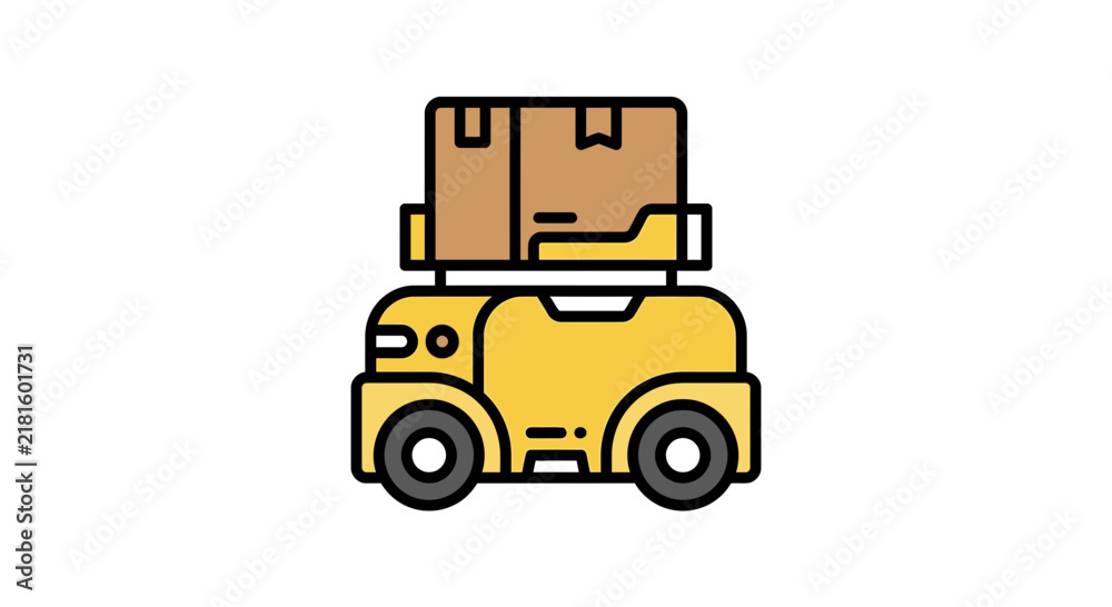 Naklejka premium Forklift carrying cardboard box in warehouse.