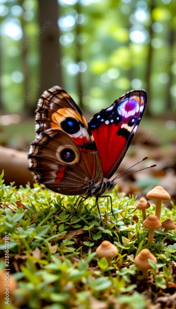 Fototapeta premium ultra realistic macro photograph of a colorful peacock butterfly displaying eye like wing patterns while resting on fresh moss beside tiny forest mushrooms