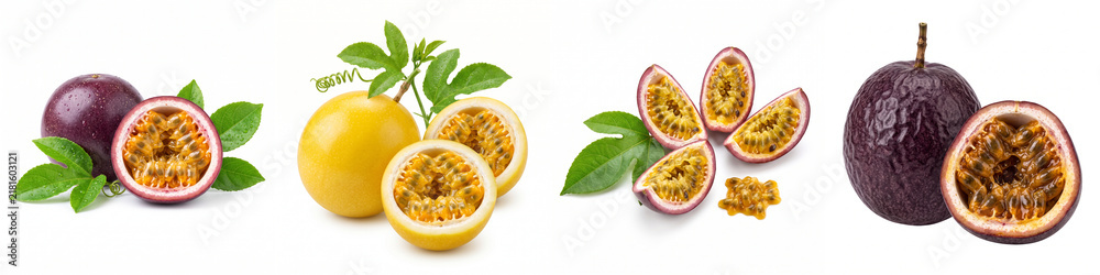 Obraz premium Passion fruit set with purple and yellow maracuja, featuring whole, halved, and sliced fresh tropical fruits with green leaves and juicy pulp for healthy dessert recipes or packaging