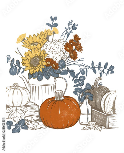 Autumn floral branch with orange leaves illustration. High resolution illustration with natural colors.