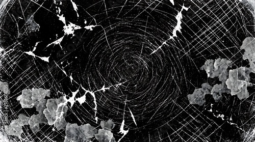 Distressed black surface featuring deep white circular scratches and rough peeling paint textures in a dramatic high contrast monochrome style