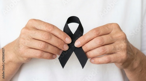 Holding Black Ribbon Symbolizing Mourning And Remembrance
