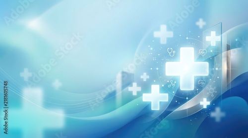 A blurred, abstract background features flowing blue and white waves, accented with stylized plus signs and medical symbols. The overall impression is one of healthcare, wellness, and innovation.